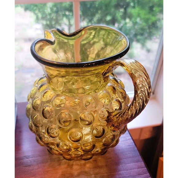 VTG Amber Glass Hobnail Pitcher wide belly applied handle hand blown 8.25" H MCM - Picture 8 of 16